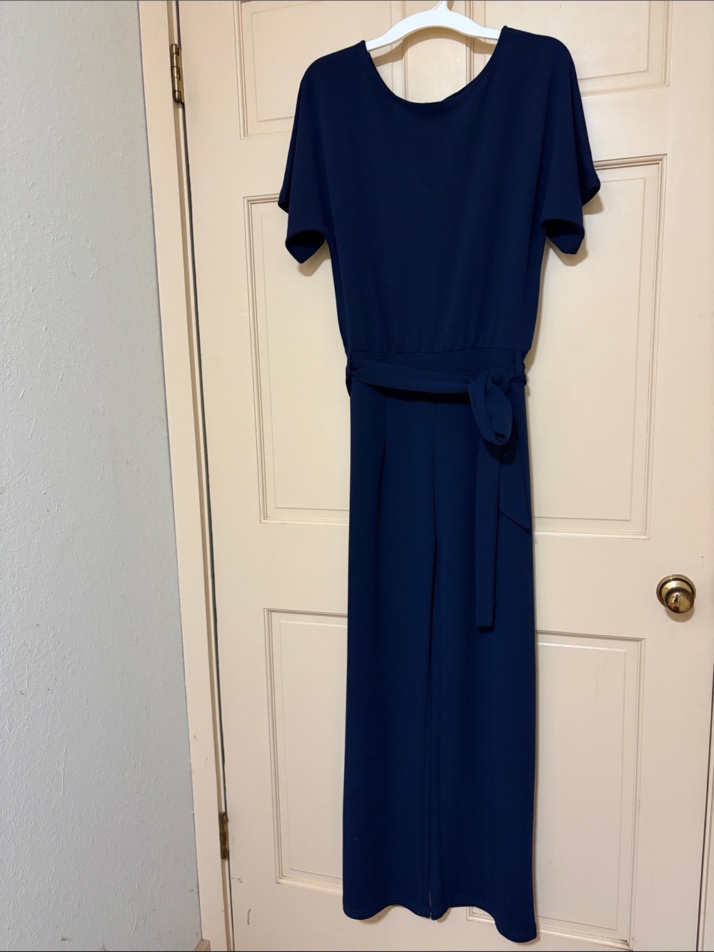 Navy Jumpsuit with tie waist and short sleeves